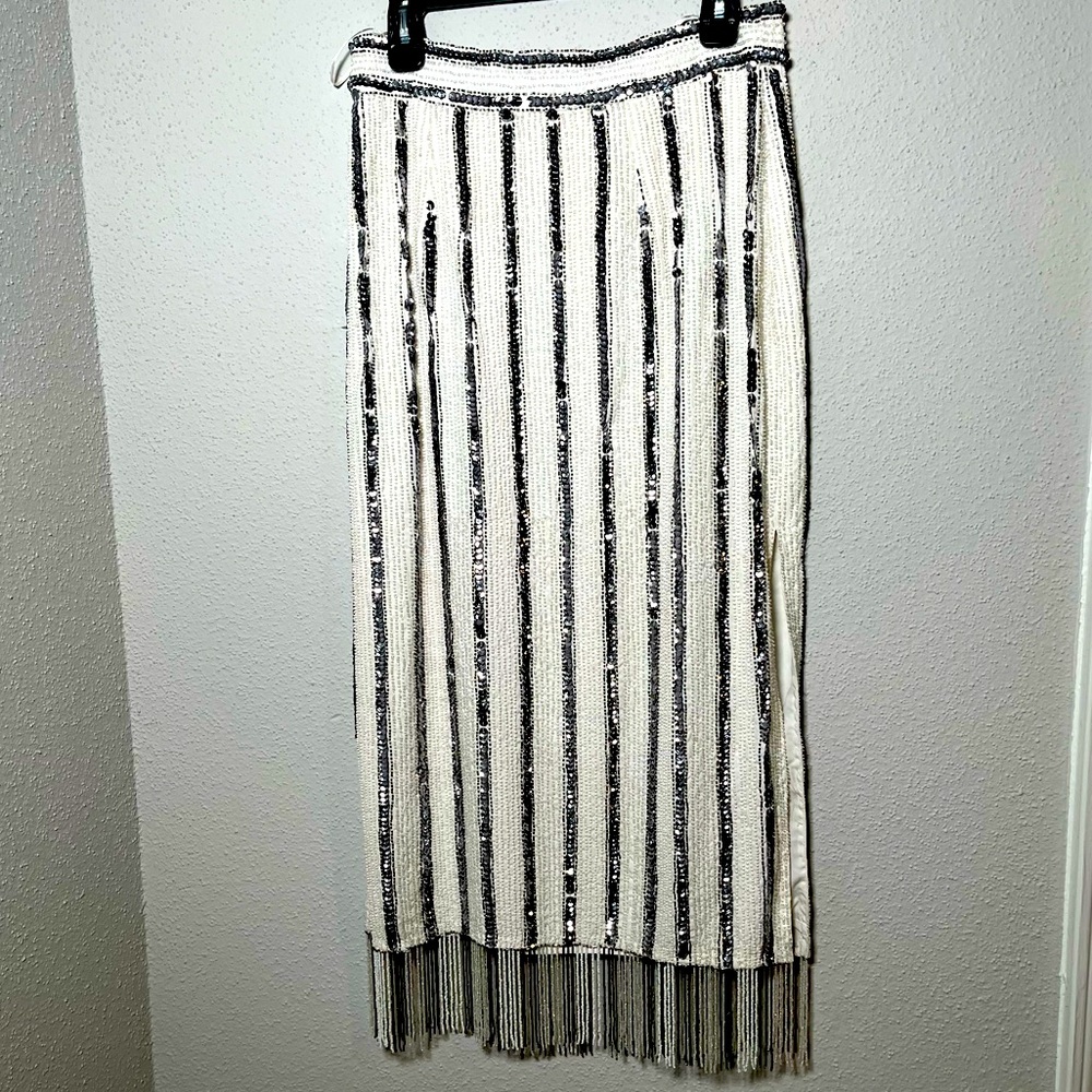 ASOS Edition Sequin Stripe Midi Skirt with frills. White and silver Sz 8